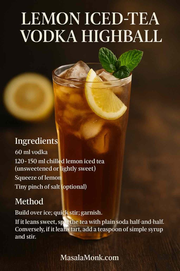 Lemon Iced-Tea Vodka Highball with mint sprig and lemon wedge over ice; detailed ingredient/method overlay; MasalaMonk graphic.