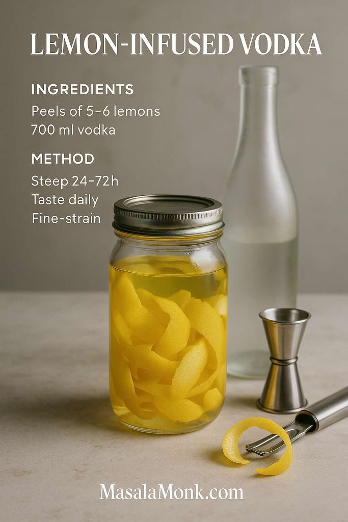 Jar of lemon peels steeping in vodka to make lemon-infused vodka; bottle, jigger, and channel knife on a counter; text notes steep 24–72 hours and fine-strain.