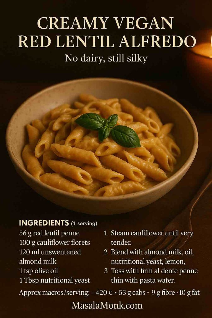 Minimal-text portrait recipe card for Creamy Vegan Red Lentil Alfredo; cozy candlelit scene, ingredients and 3 concise steps, macros line, MasalaMonk.com footer.