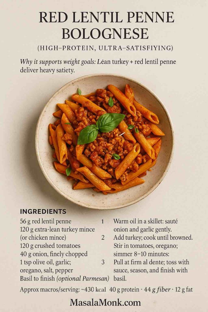 Portrait recipe card for Red Lentil Penne Bolognese made with lean turkey; magazine-style layout with ingredients, 3-step method, macros, and MasalaMonk.com footer.