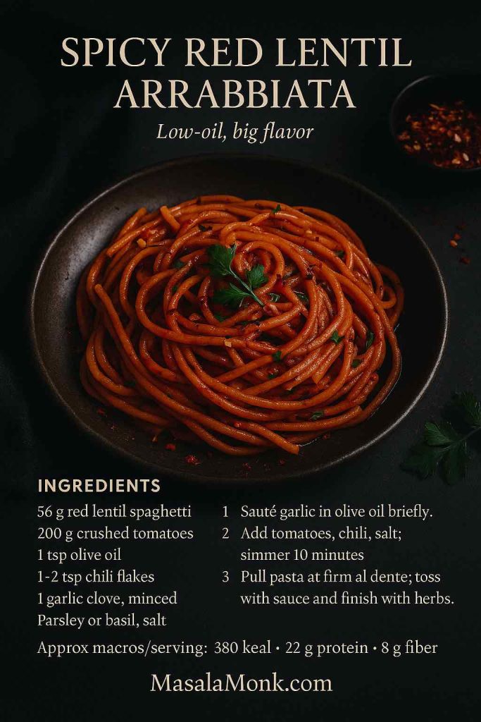 Moody portrait recipe card for Spicy Red Lentil Arrabbiata with red lentil spaghetti, chili flakes, and parsley; concise ingredients, 3-step method, macros, MasalaMonk.com footer.