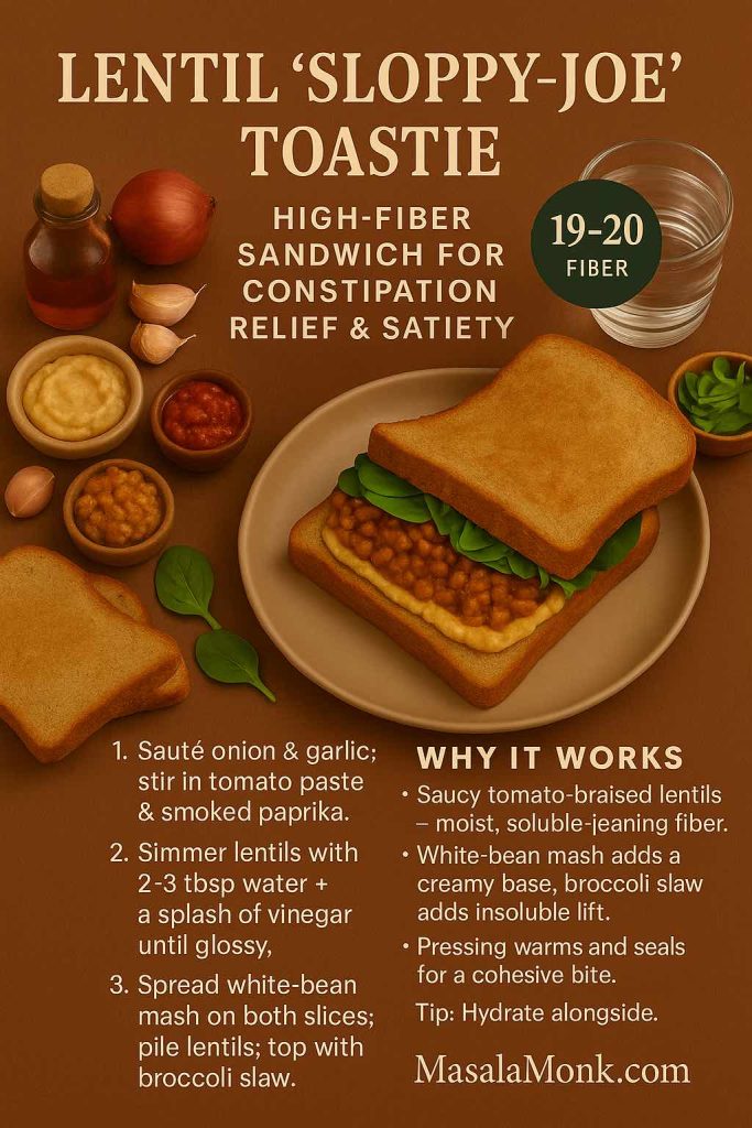 Infographic of a Lentil ‘Sloppy-Joe’ Toastie high-fiber sandwich for constipation relief and satiety—white-bean mash base, tomato-braised lentils, broccoli slaw, step-by-step method, and 19–20 g fiber badge.