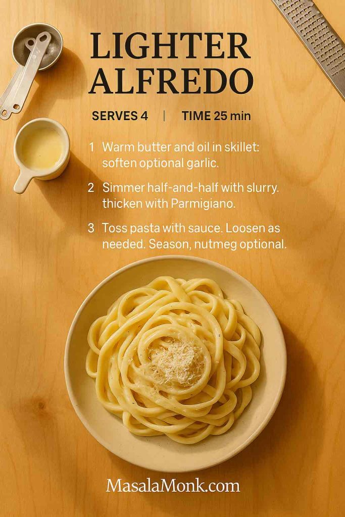 Lighter Alfredo overhead in a sun-washed kitchen—half-and-half, tiny slurry cup, lemon micro-zest on blond wood.