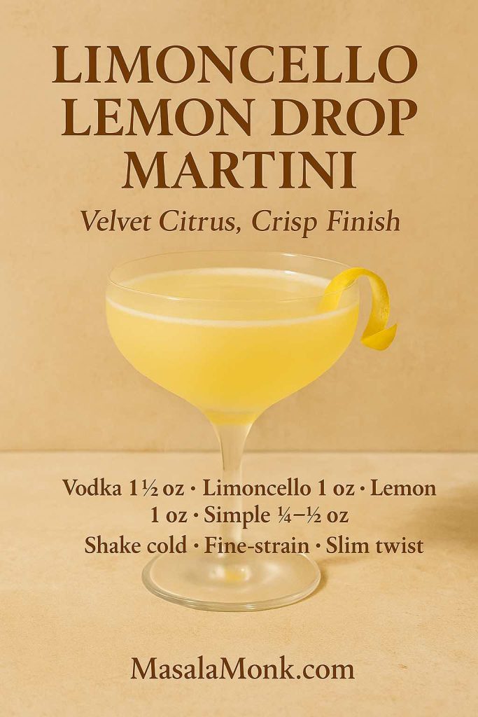 Limoncello Lemon Drop Martini recipe card on warm beige backdrop with golden drink and slim twist; overlay shows vodka, limoncello, lemon, and simple syrup.