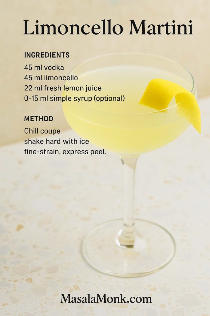 Limoncello Martini in a frosted coupe with a lemon peel; clear ingredient list and method overlay; MasalaMonk cocktail graphic.