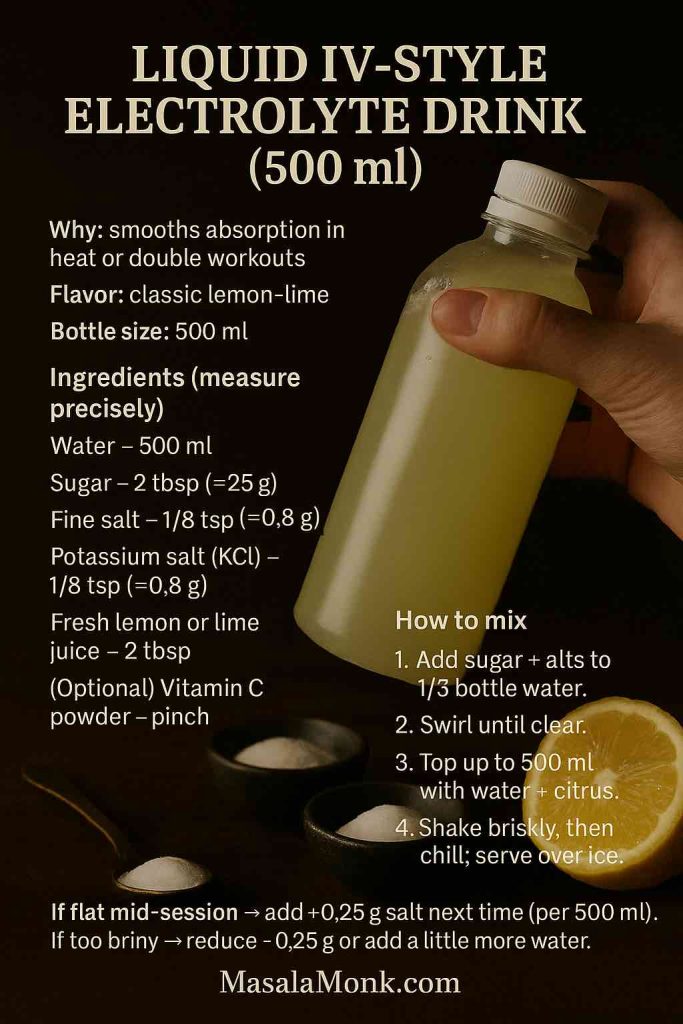 Infographic recipe for Liquid IV-style electrolyte drink in a 500 ml bottle with lemon, sugar, salt, and potassium salt on a dark slate.