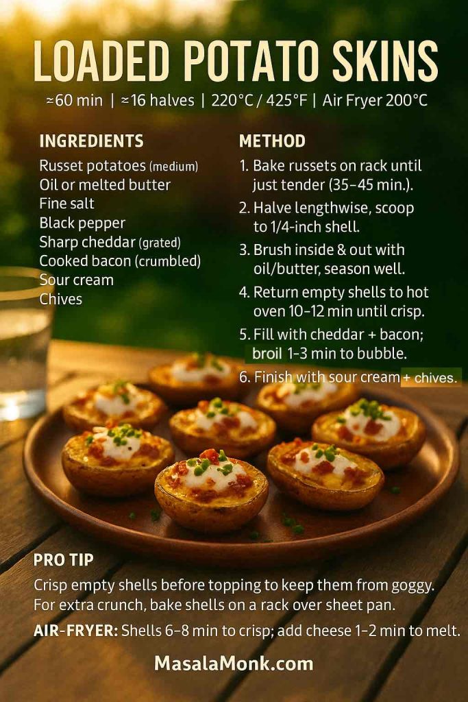 Loaded potato skins recipe card showing ingredients and 6-step method—crispy shells with cheddar, bacon, sour cream, and chives; oven and air-fryer times.