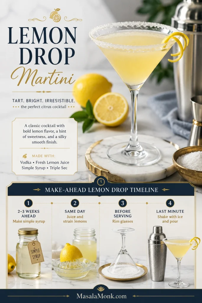 Make-ahead lemon drop martini timeline showing simple syrup, juiced lemons, rimmed glasses, shaker, and finished cocktail.