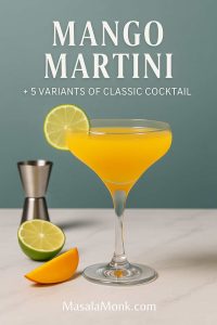 Mango martini in a coupe on a marble surface with a lime wheel, jigger, and mango slice; text overlay reads “Mango Martini + 5 Variants of Classic Cocktail” — MasalaMonk.com