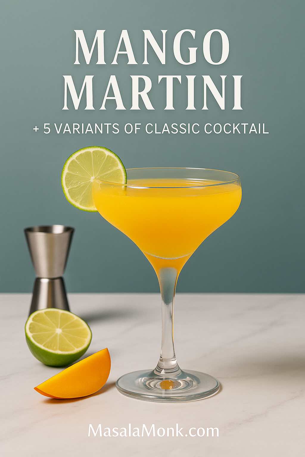 Mango martini in a coupe on a marble surface with a lime wheel, jigger, and mango slice; text overlay reads “Mango Martini + 5 Variants of Classic Cocktail” — MasalaMonk.com