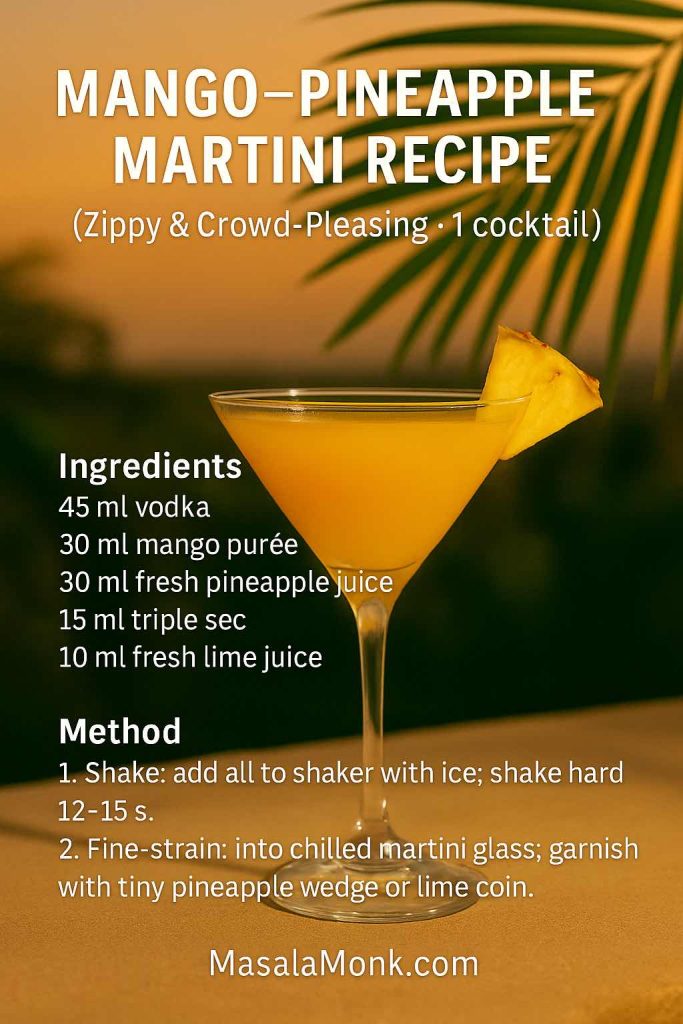 Mango–Pineapple Martini in a coupe at sunset with a pineapple-wedge garnish and palm fronds; recipe card overlay with ingredients and quick method.