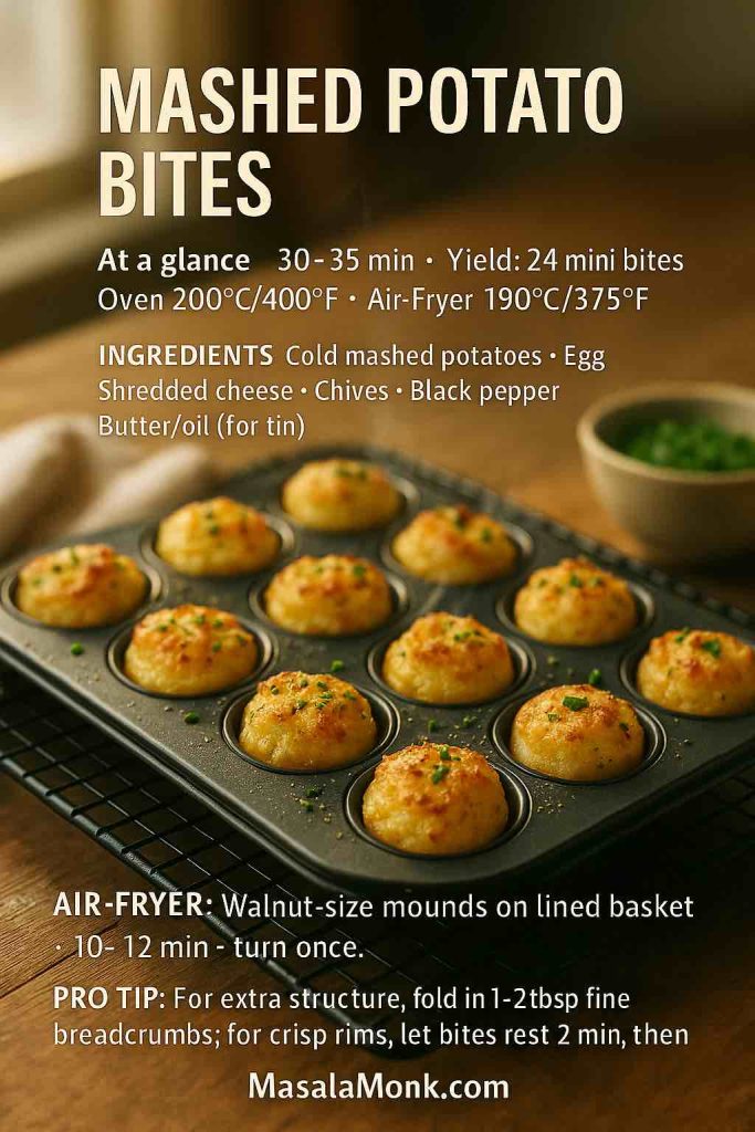 Golden mashed potato bites puffed in a mini-muffin tin with chives; cozy indoor light; minimal recipe card overlay.