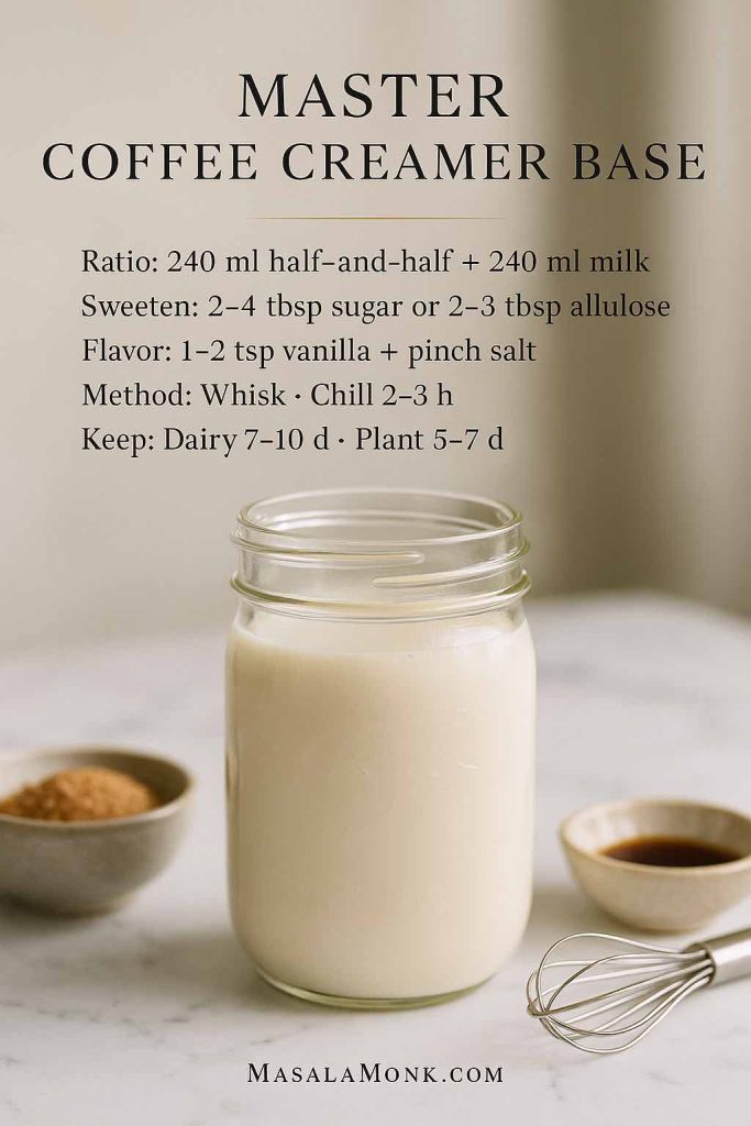Homemade coffee creamer base in a jar on marble with whisk, sugar, and vanilla—master ratio for DIY coffee creamer, dairy or plant-based.