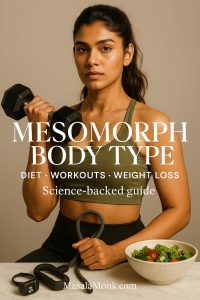 Mesomorph body type—female portrait lifting a dumbbell beside a salad and jump rope; science-backed guide to diet, workouts and weight loss.