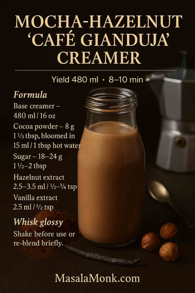 Mocha-hazelnut “Café Gianduja” coffee creamer in a glass bottle on dark wood with cocoa and hazelnuts—DIY creamer made by blooming cocoa and adding hazelnut and vanilla extracts.