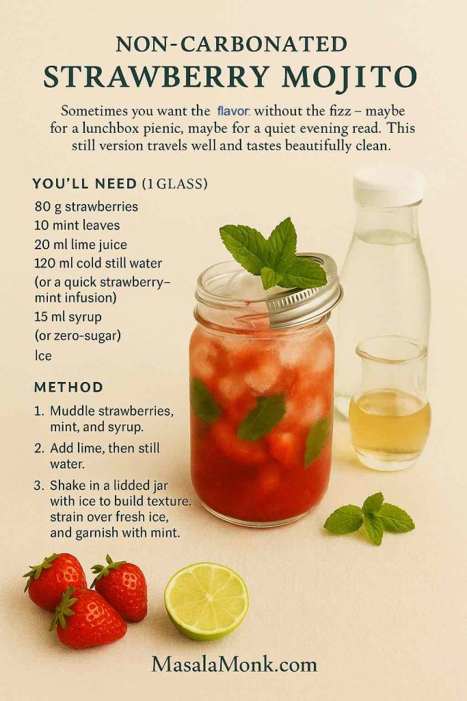 Non-carbonated strawberry mojito mocktail recipe card—jar shaker style with strawberries, mint, lime and still water on warm neutral backdrop – MasalaMonk