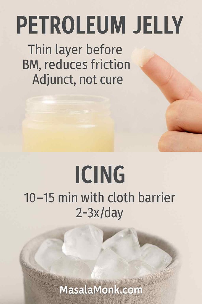 How to use petroleum jelly on hemorrhoids and brief icing for swelling—thin layer before BM, ice 10–15 minutes with cloth barrier.