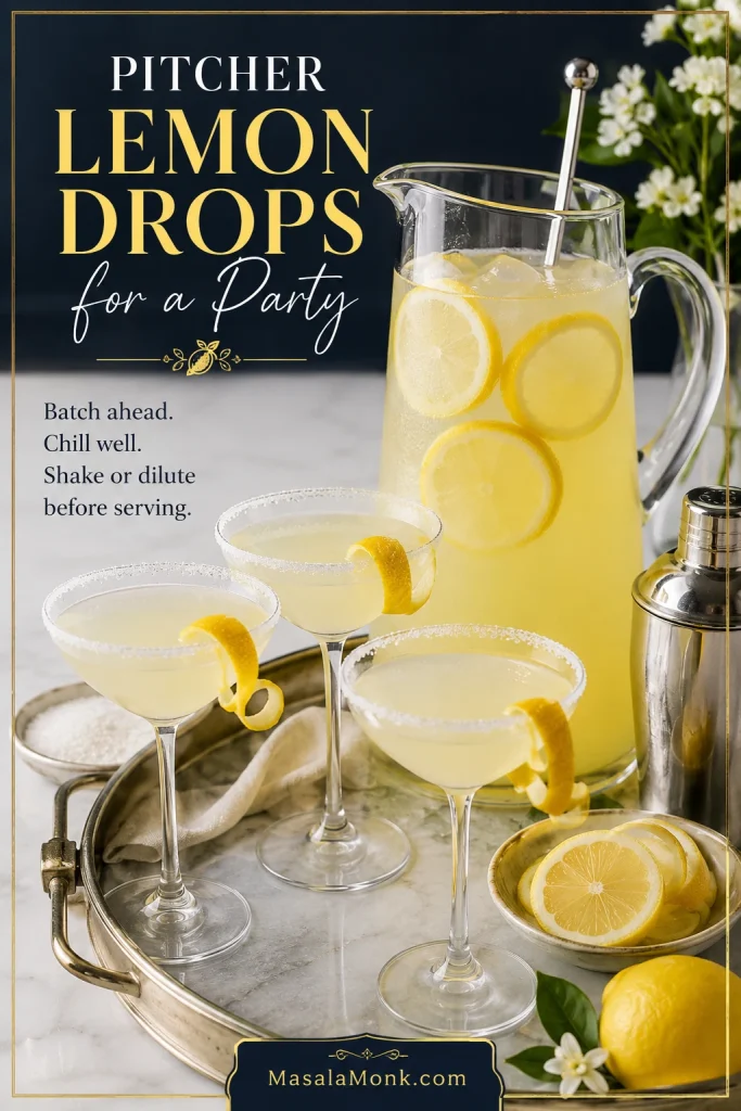 Clear pitcher of pale yellow lemon drop martinis with lemon slices, sugar-rimmed coupe glasses, lemons, and cocktail tools.