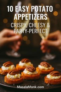 Cover image for potato appetizers: sweet-potato rounds topped with whipped goat cheese and pecans on a platter, with champagne toasts blurred in the background.