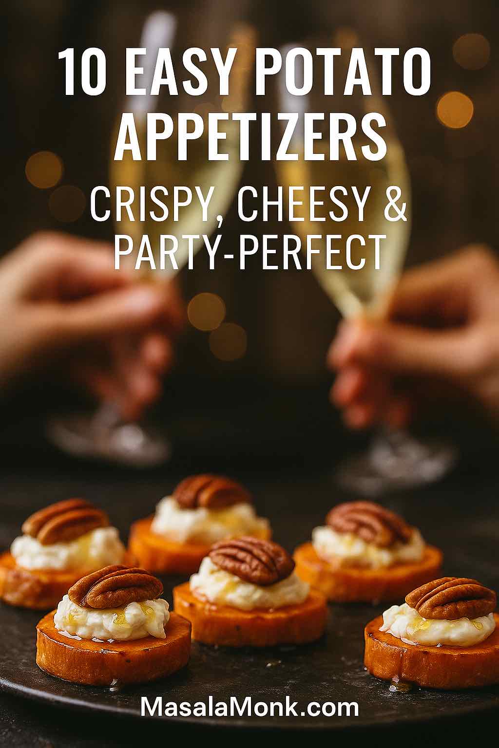 Cover image for potato appetizers: sweet-potato rounds topped with whipped goat cheese and pecans on a platter, with champagne toasts blurred in the background.