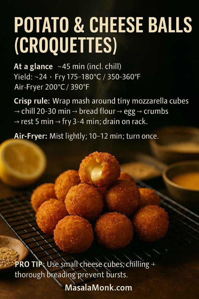 Golden potato-and-cheese croquettes on a rack, crisp crumb outside and molten cheese center; lemon and herbs nearby.
