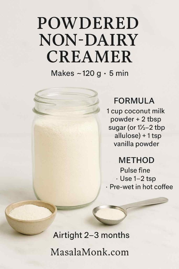 Powdered non-dairy coffee creamer made with coconut milk powder in a jar on white marble, with bowl and spoon—travel-ready DIY mix.
