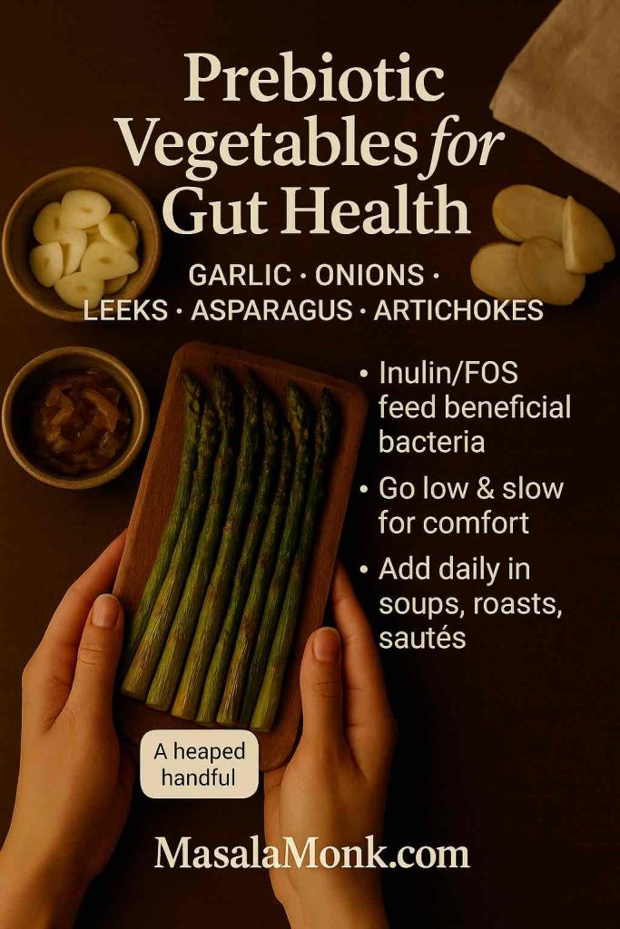 Roasted asparagus with bowls of onions, leeks, garlic and artichokes—prebiotic vegetables rich in inulin/FOS for gut health.