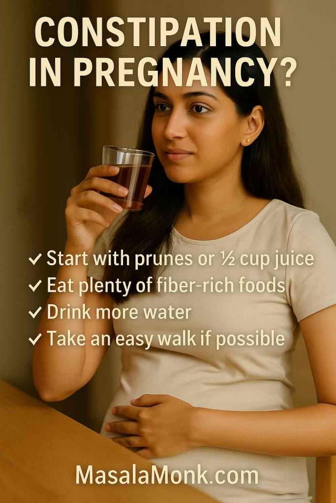 Pregnant woman holding prune juice with checklist of food-first tips for constipation.