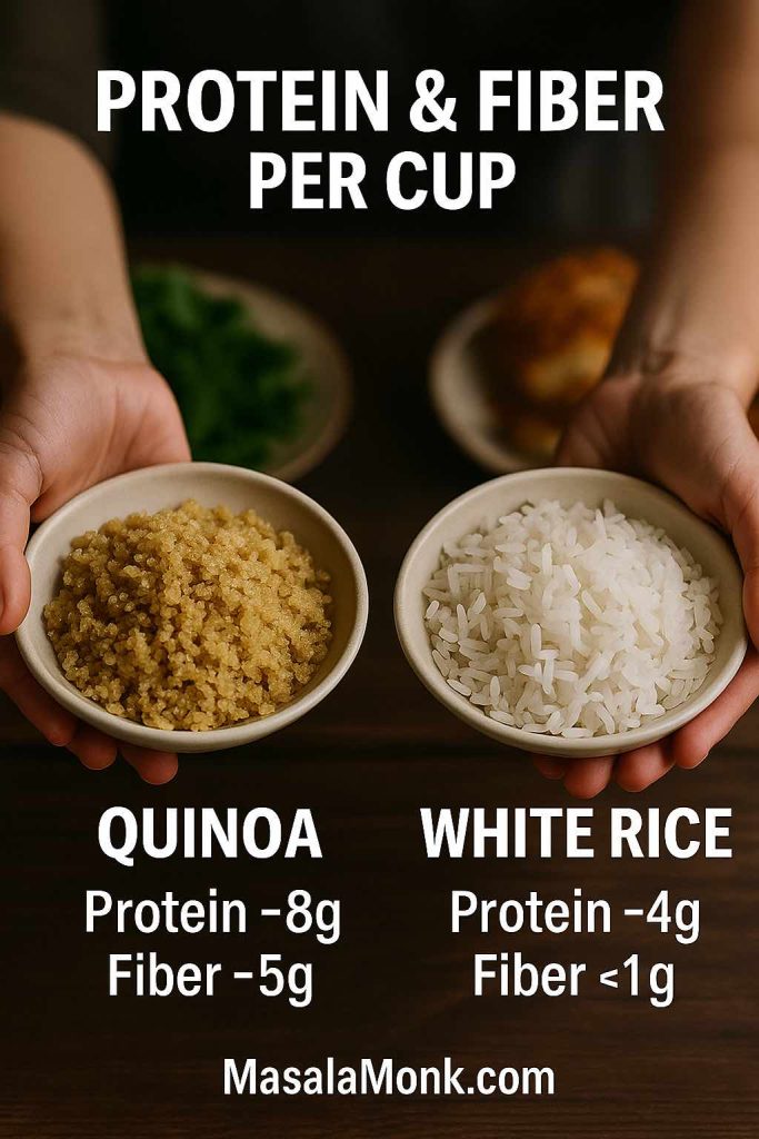 Two hands holding bowls of cooked quinoa vs white rice with text showing protein and fiber per cup.