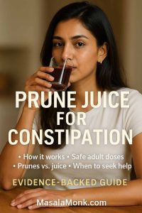 Woman sipping prune juice—evidence-based guide to prune juice for constipation with dosing, timing, and prunes vs. juice.