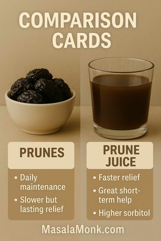 Side-by-side comparison of prunes and prune juice for constipation—prunes for daily maintenance and lasting relief; prune juice for faster, short-term relief with higher sorbitol.