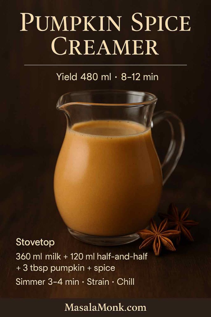 Pumpkin spice coffee creamer made with real pumpkin purée, simmered and strained, in a glass pitcher on dark wood with star anise.
