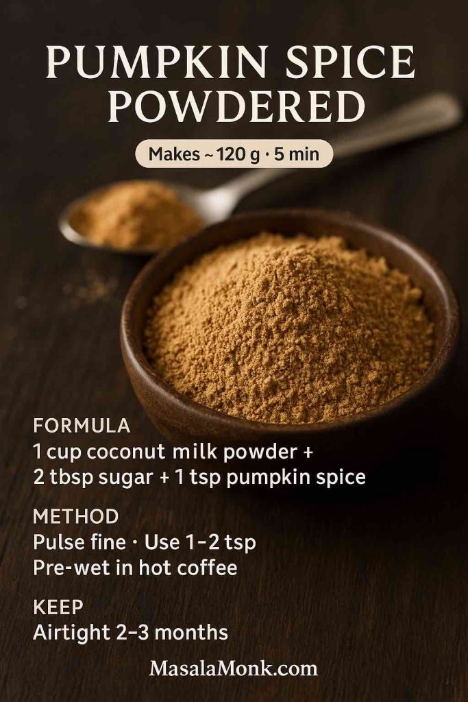 Powdered pumpkin spice coffee creamer—coconut milk powder blend in a wooden bowl with spoon; pantry-friendly non-dairy mix.
