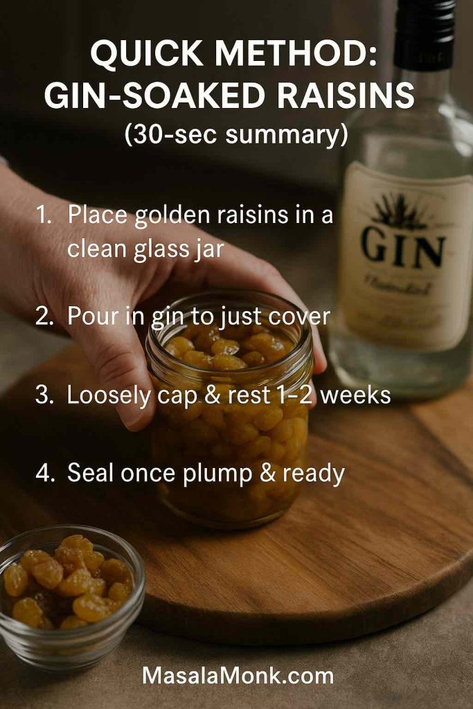 Quick method steps for gin-soaked raisins: add golden raisins, cover with gin, rest 1–2 weeks, seal when plump.