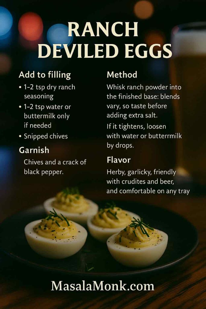 Ranch deviled eggs on a dark plate with chives and black pepper, bar counter setting with blurred neon bokeh and beer glass; portrait recipe card overlay; MasalaMonk.com footer.