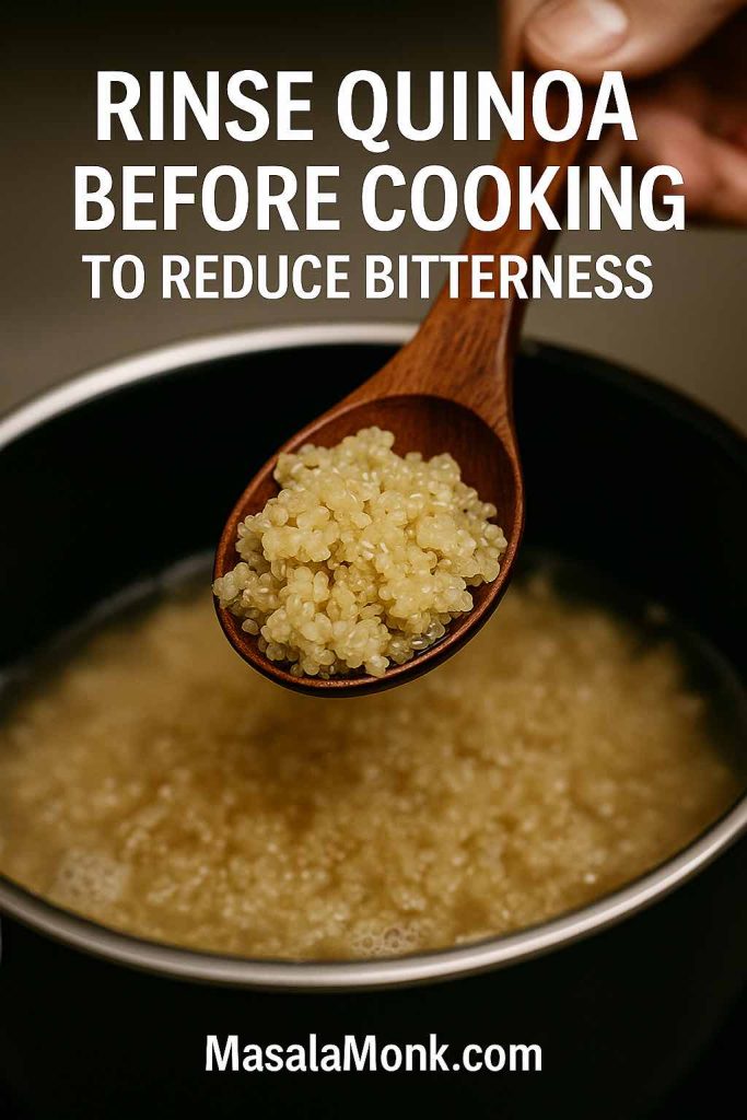 Spoon lifting cooked quinoa above a pot with tip to rinse before cooking to reduce bitterness.