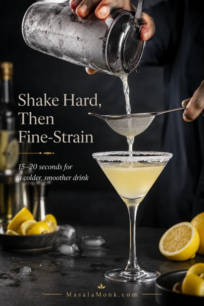 Cocktail shaker and fine strainer pouring a lemon drop martini into a prepared sugar-rimmed glass.