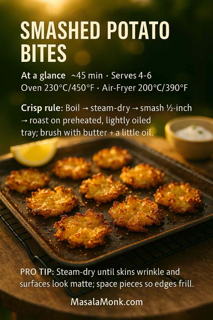 Smashed potato bites with frilly, crisp edges on a hot sheet pan outdoors; lemon wedge and dip in background.