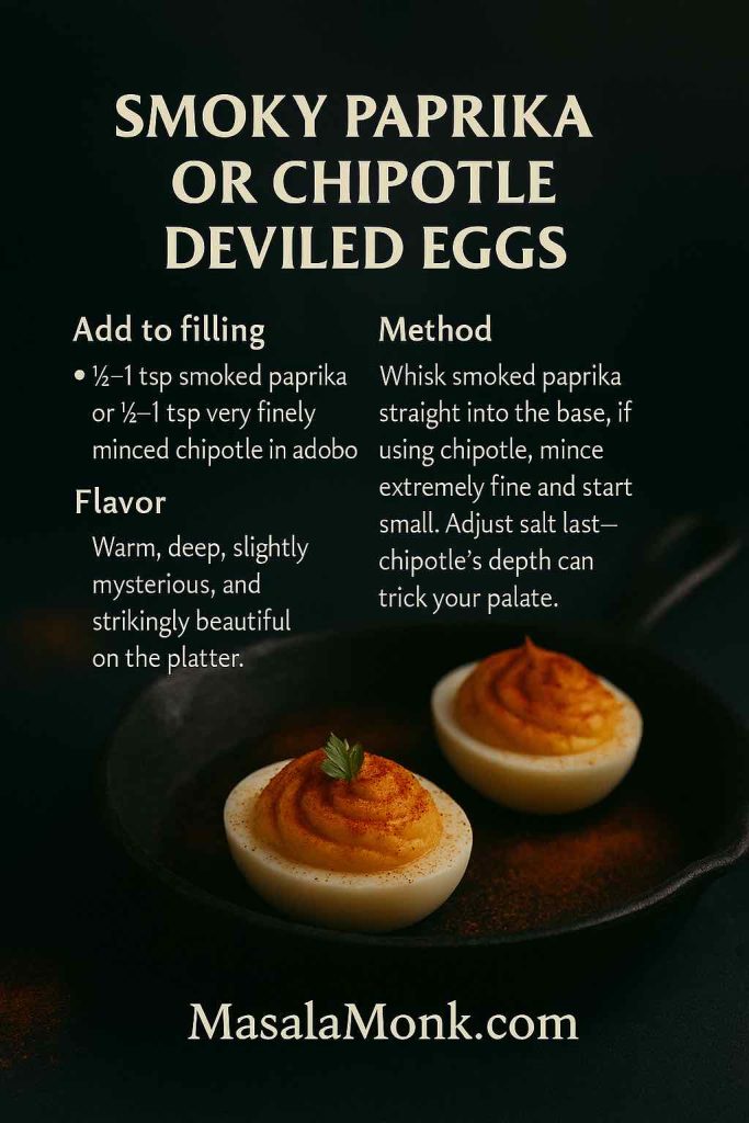 Smoky Paprika or Chipotle deviled eggs in a small cast-iron skillet on a dark slate surface, paprika-dusted swirls with tiny parsley leaf; portrait recipe card overlay with add-ins, method, and flavor; MasalaMonk.com footer.