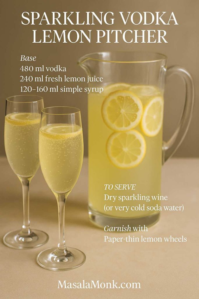 Pitcher of vodka–lemon base with floating lemon wheels beside two champagne flutes; instructions indicate topping with dry sparkling wine or cold soda.
