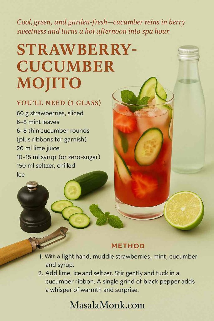 Strawberry-cucumber mojito mocktail recipe card with mint, cucumber ribbons, pepper mill and seltzer bottle on soft sage backdrop – MasalaMonk