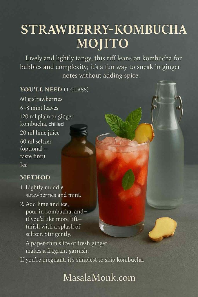 Strawberry-kombucha mojito mocktail recipe card with mint, lime and ginger props on dark stone background—lightly tangy and bubbly – MasalaMonk