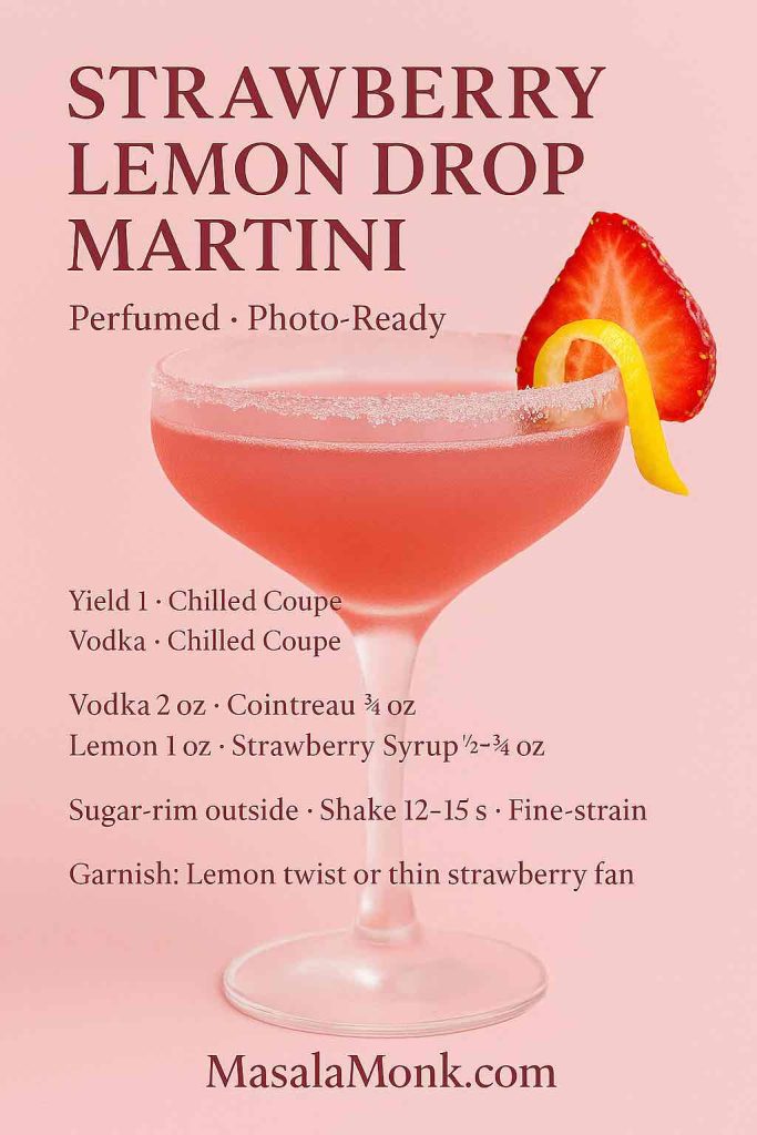 Strawberry Lemon Drop Martini recipe card on blush background with pink cocktail, sugar rim, and strawberry garnish; overlay includes vodka, Cointreau, lemon, and strawberry syrup.
