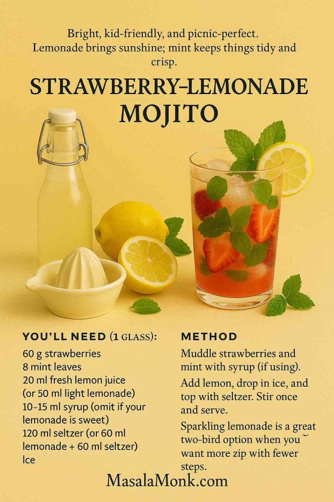 Strawberry-lemonade mojito mocktail recipe card with lemons, lemonade bottle, mint and seltzer on a sunny yellow backdrop – MasalaMonk