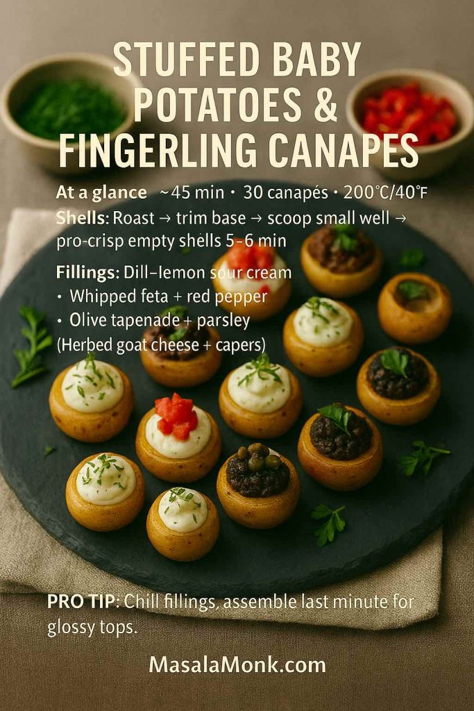 Standing baby potatoes and fingerling canapés on a slate platter with three fillings—dill-lemon sour cream, whipped feta with red pepper, and olive tapenade with parsley—minimal recipe card overlay.