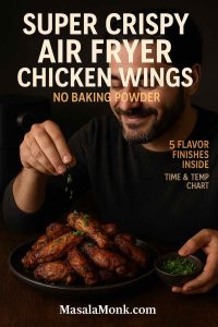Magazine-style portrait of super crispy air fryer chicken wings with a cook’s hand sprinkling parsley; dip bowl and air fryer in background; no baking powder.