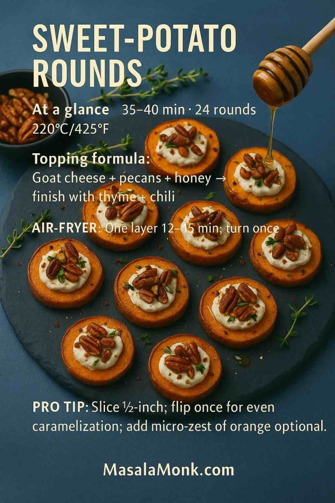 Roasted sweet-potato rounds topped with whipped goat cheese, toasted pecans, thyme and chili, finished with a honey drizzle on a slate platter.