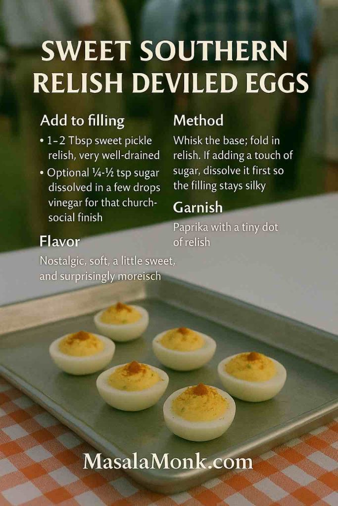 Sweet Southern Relish deviled eggs arranged on a metal sheet pan over red-and-white gingham with a community-hall crowd blurred in the background; portrait recipe card overlay with add-ins, method, garnish, flavor; MasalaMonk.com footer.