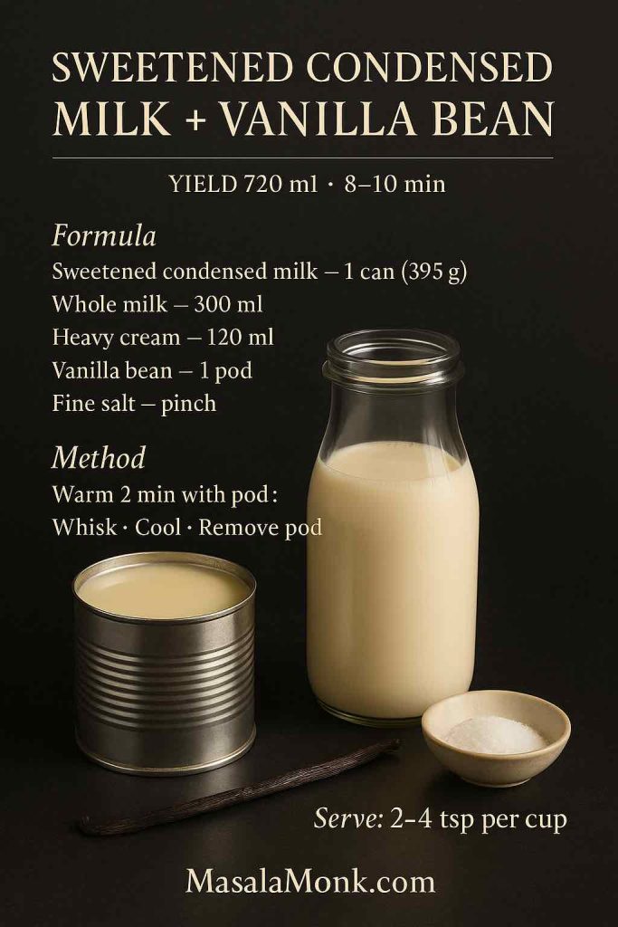 Sweetened condensed milk and vanilla bean coffee creamer in a glass bottle on dark stone with open condensed milk can and vanilla pod—luxury latte mix recipe card.