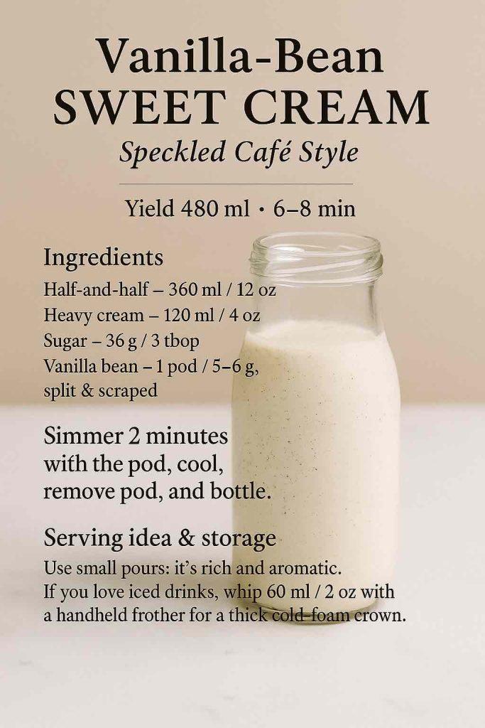 Vanilla-bean sweet cream coffee creamer in a glass bottle on light marble—speckled vanilla bean, half-and-half, heavy cream, sugar; café-style treat recipe card.